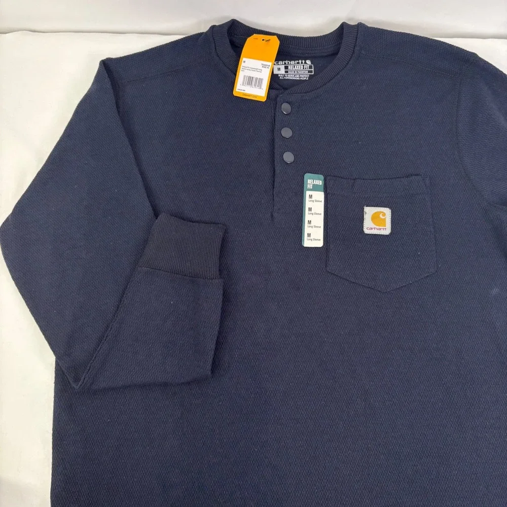 Carhartt Mens Relaxed Fit Heavyweight L/S Henley Thermal Navy Shirt TK4429 M NWT